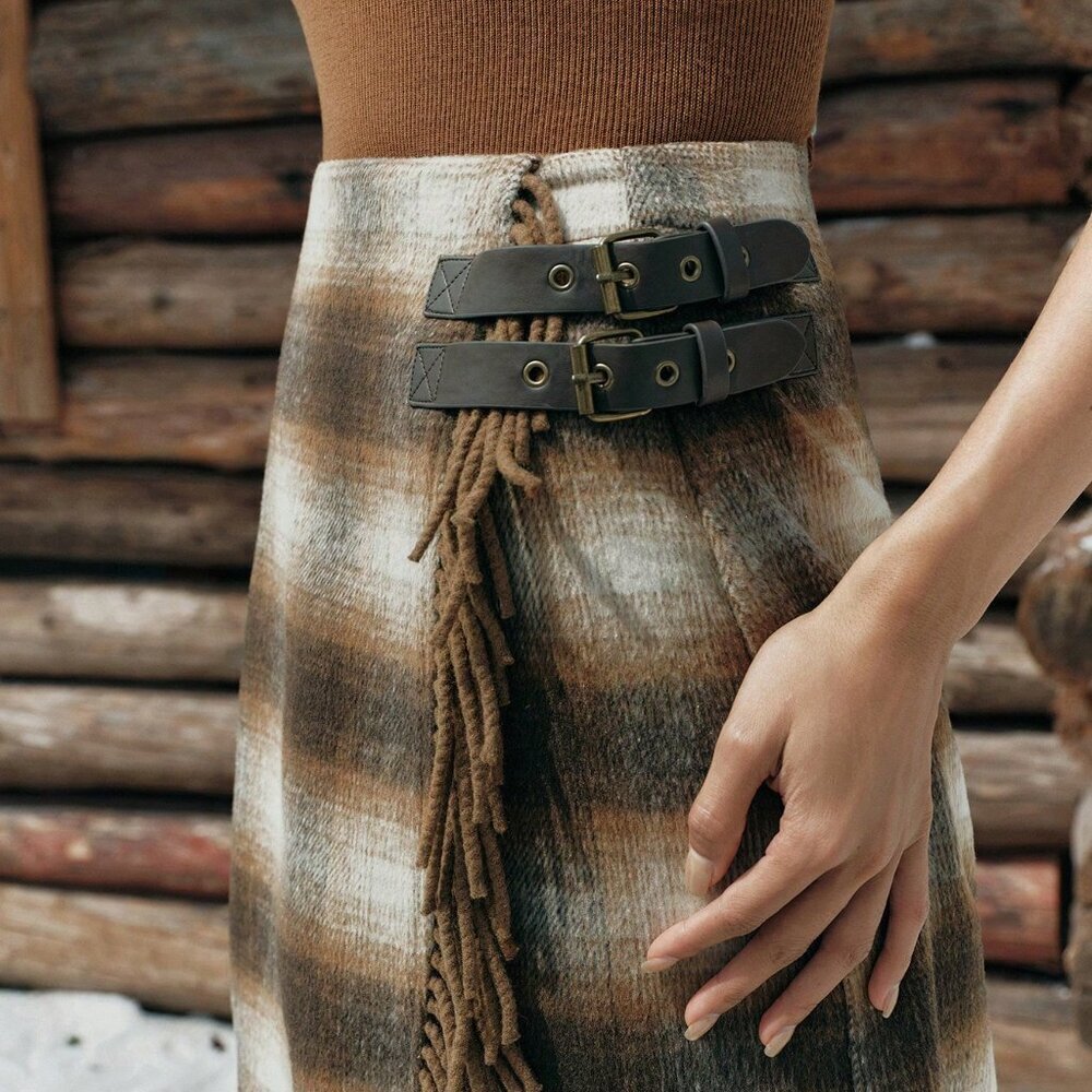 Multicolor Casual Women's Tassel Patchwork Plaid A-Line Skirt - Picture 3 of 7